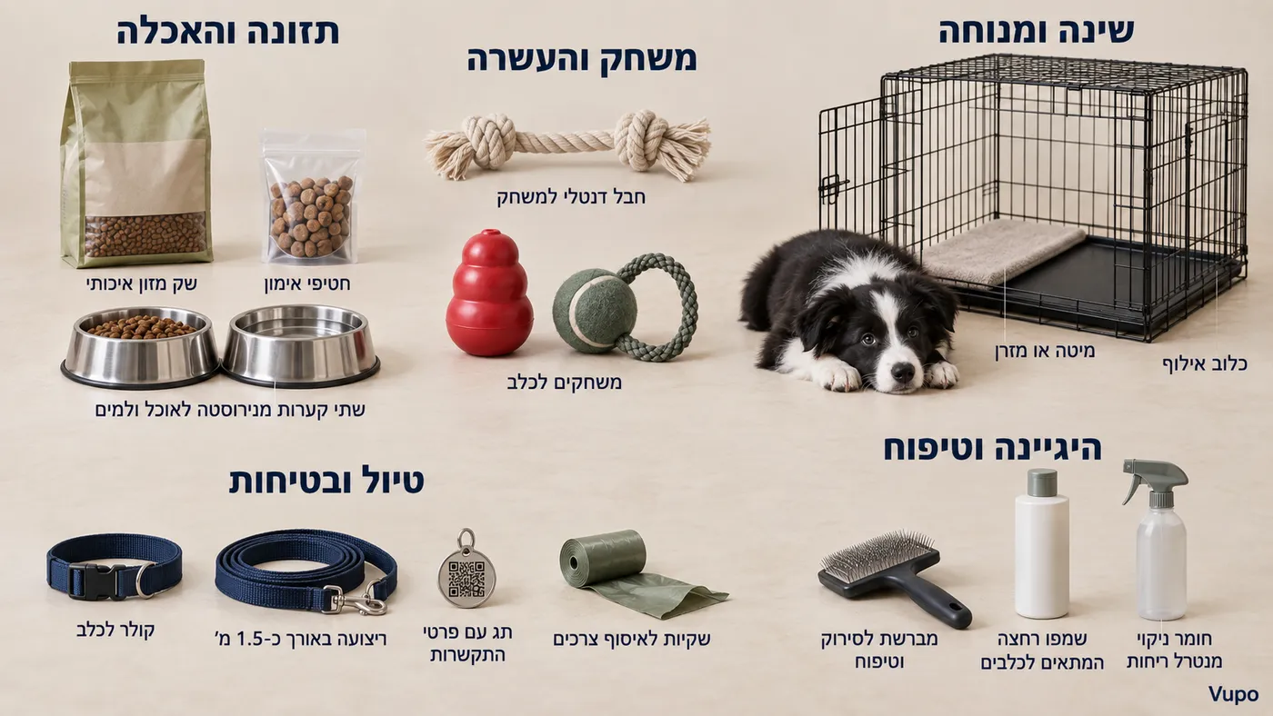 איור של ציוד חובה לגור חדש, מחולק לחמש קבוצות: שינה ומנוחה, משחק והעשרה, תזונה והאכלה, היגיינה וטיפוח, טיול ובטיחות