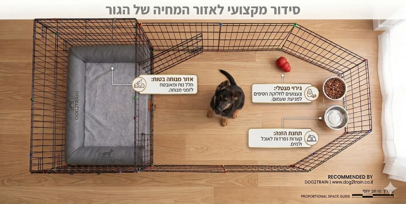סידור אזור המחיה של הגור בגדר גורים: כלוב פתוח עם מיטה כאזור מנוחה בטוח, צעצוע לגירוי מנטלי, וקערות נפרדות לאוכל ולמים